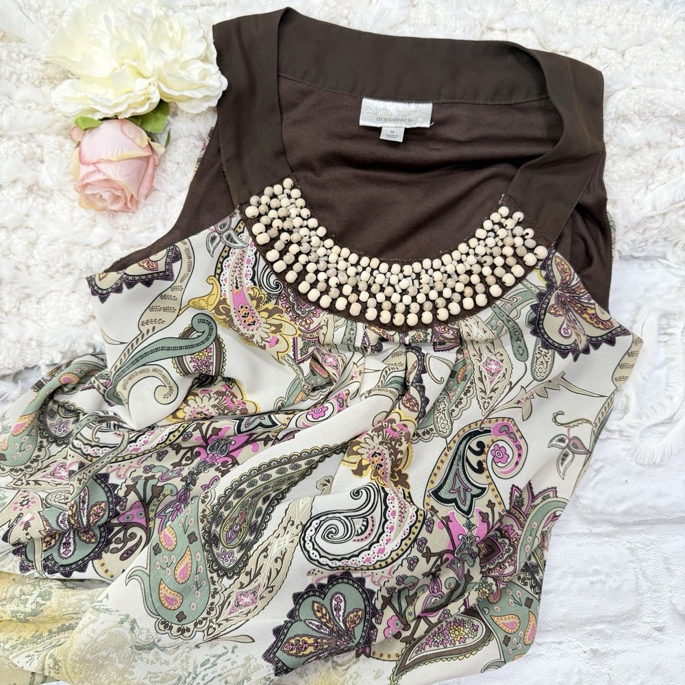 Hippie Bohemian Paisley Print Tunic Blouse Women M Sleeveless Flowy Festival Top